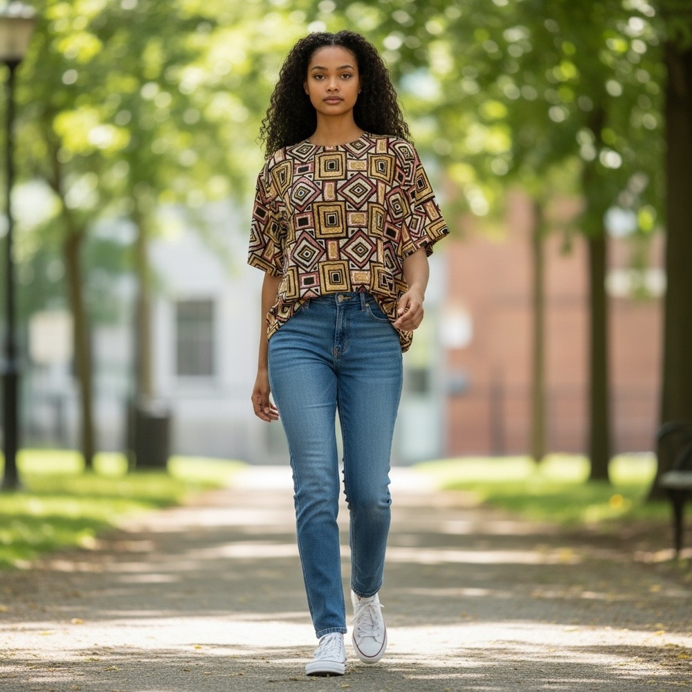 Vintage Douglass Abstract Tan Red Silk Blouse Large